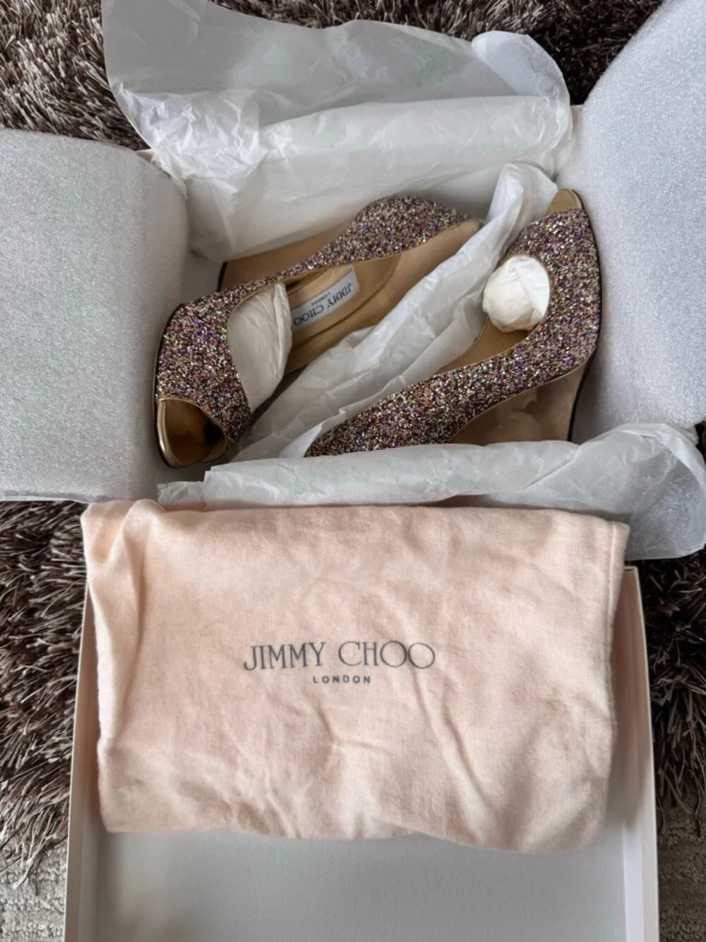 Jimmy Choo Glitter Golden Multi Wedge Pump Peep Toe Leather Women's Heels - Picture 3 of 7